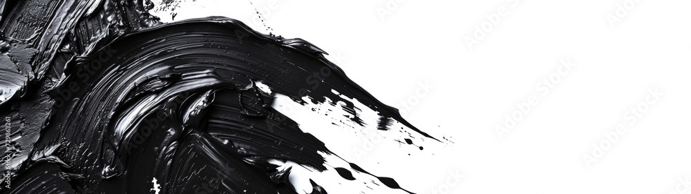 Closeup of abstract rough black colored art painting texture, with oil acrylic brushstroke, pallet knife paint, isolated on white canvas background banner panorama long