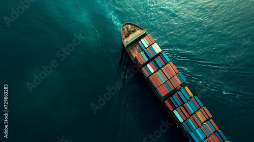 Aerial view of cargo container ship, cargo vessel ship carrying container and running for import export concept technology freight shipping sea freight by Express Ship photo