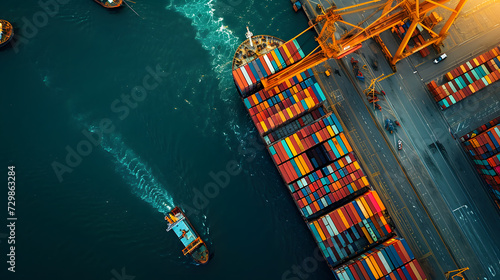 Large container cargo ship is loading goods at a commercial port. Container terminal with quay crane lifting container boxes onto trucks. Global shipping business transports goods