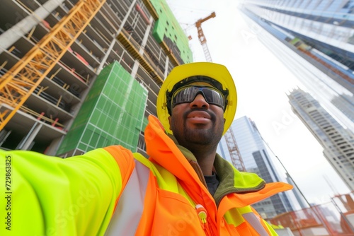 construction safety officer selfie with high visibility jacket, new office tower