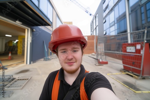 aspiring apprentice taking selfie wearing hard hat, site entrance visible photo