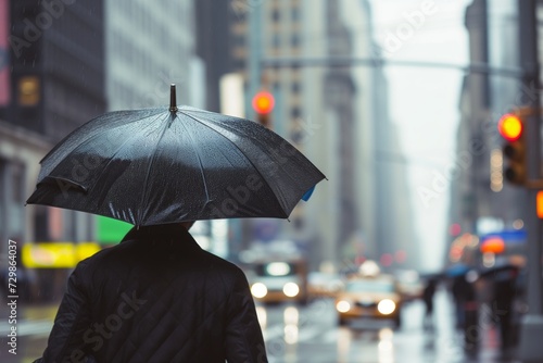 man carrying an umbrella in business district on a rainy day