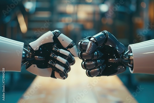 Image of AI's hand artificial intelligence, hand in hand, concept, cooperation or the conflict between AI technology