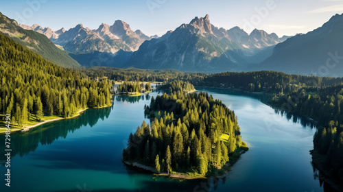 Serene mountain lake at sunrise with lush forest and majestic peaks