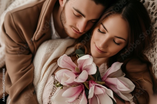 snuggled couple with a bouquet of magnolias at the womans chest
