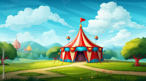 Colorful circus tent in sunny green landscape with whimsical clouds