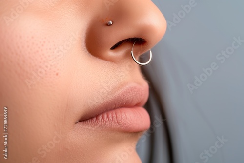 closeup of a nose ring on a womans nostril