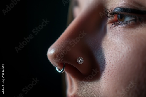 closeup of a shiny septum ring under a nose