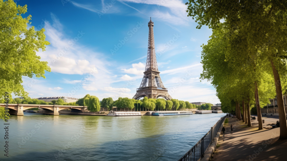 Sunny day at iconic eiffel tower with seine river in paris, france - obrazy, fototapety, plakaty 
