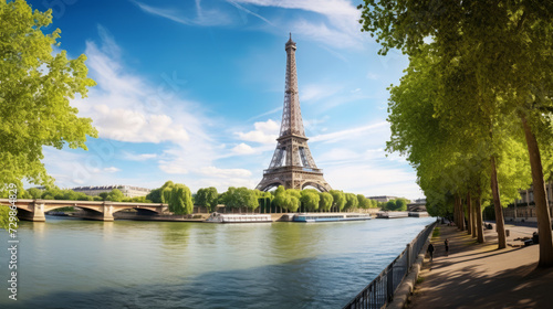 Sunny day at iconic eiffel tower with seine river in paris, france © Robert Kneschke