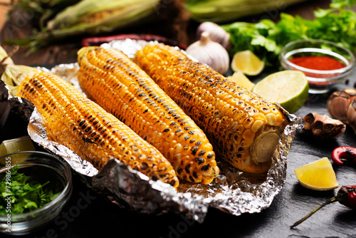 Wallpaper Mural Grilled corn on the cob in tin foil on kitchen table healthy gluten free food background Torontodigital.ca