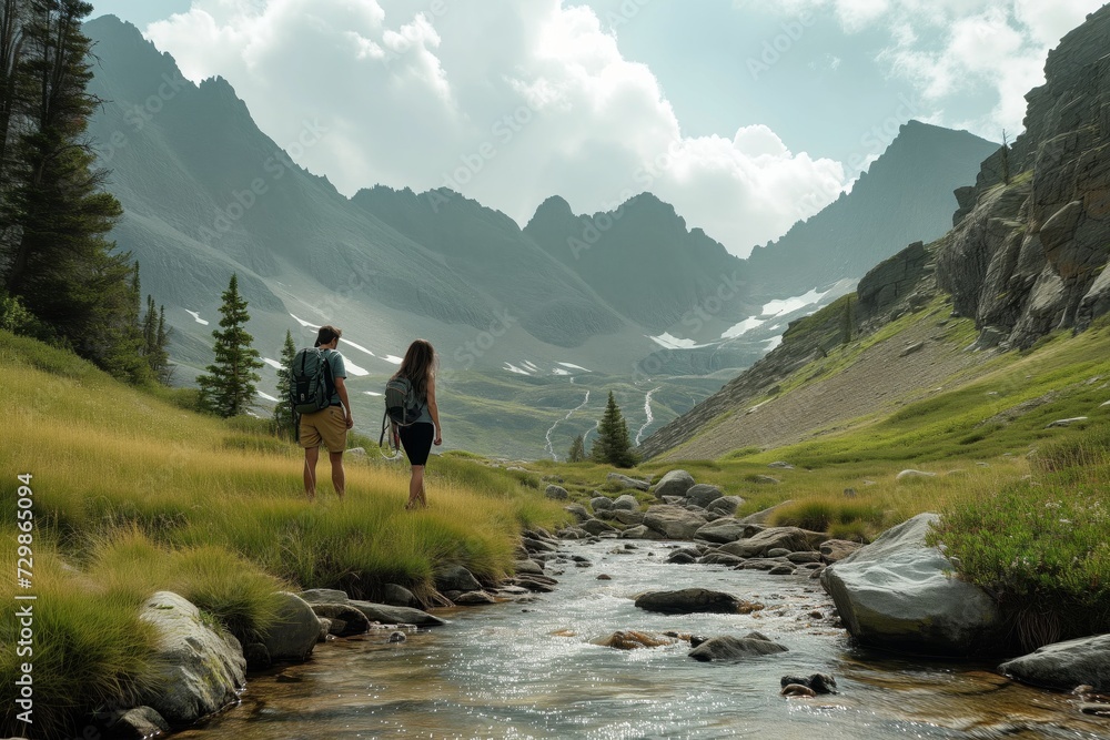 Fototapeta premium couple pausing for water break beside mountain stream
