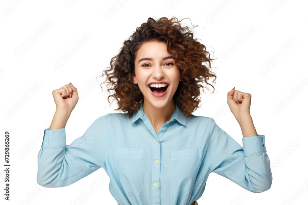 Joyful woman with curly hair, celebrating success against transparent background Joyful woman with curly hair, celebrating success against transparent background