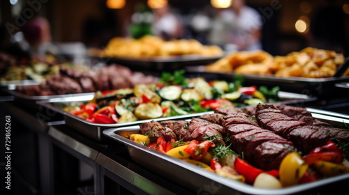 Catering buffet meals in the restaurant with meat, salads and vegetables, various delicious dishes in the hotel photo