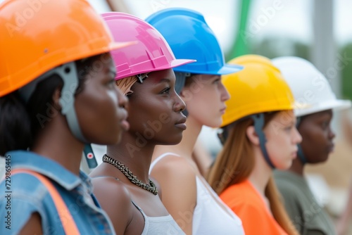 mixedrace women with hard hats at a construction site photo