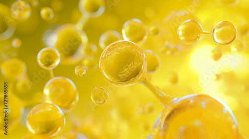 Liquid yellow molecules, Golden molecules swirl, akin to liquid sunshine, epitomizing the dynamic beauty and energy of chemical interactions photo