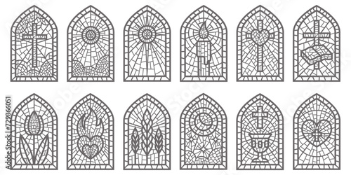 Glass church windows with mosaic. Religious catholic and christian frames with pattern. Medieval stained arches isolated on white background