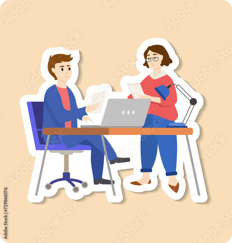 Colleagues sticker illustration. The onboarding process concept, an employee assisting a new colleague in acclimating to their first day at work © Mariia
