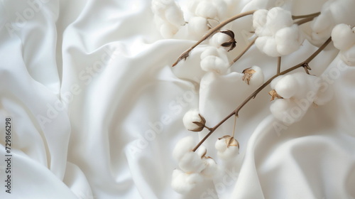 White cotton flowers plant on white cotton fabric background for sustainable fashion or organic products. Eco-friendly textile © Mars0hod
