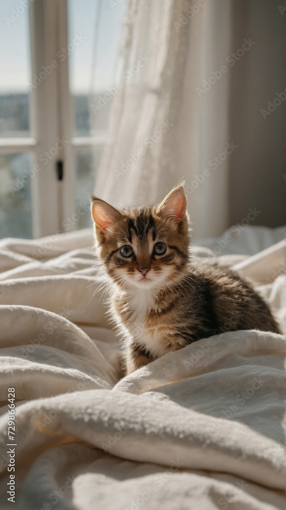 Vertical photo of Little fluffy kitten stands near door window and looking on camera . Newborn kitten, Kid animals and adorable cats concept Vertical photo of Little fluffy kitten stands near door window and looking on camera . Newborn kitten, Kid animals and adorable cats concept