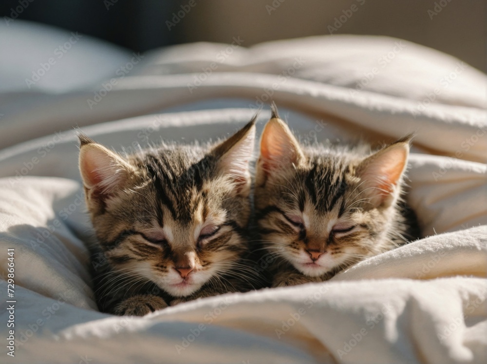 Two small kittens sleeping on bed white blanket. Two small kittens sleeping on bed white blanket.