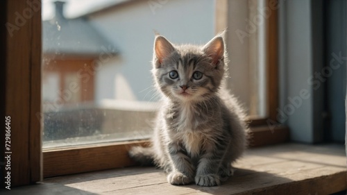 Grey Little fluffy kitten stands near door window and looking up . Newborn kitten, Kid animals and adorable cats concept