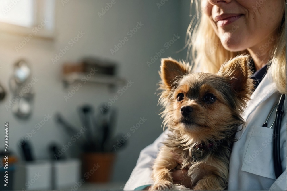 A female veterinarian holds a puppy in his arms. The doctor's hands hold a small dog close-up. The concept of treatment and care of pets
