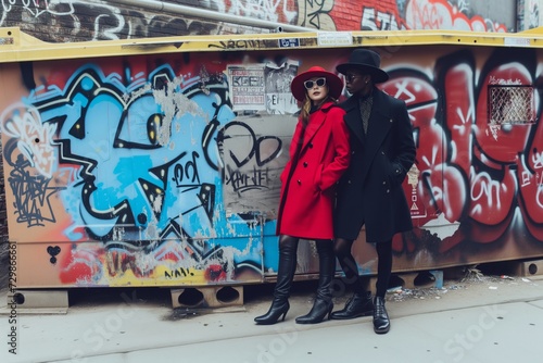 fashionable duo standing by a graffiticovered dumpster
