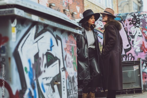 fashionable duo standing by a graffiticovered dumpster © altitudevisual