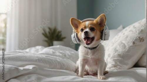 Happy dog singing song in white Headphones on white bed. Puppy with open mouth. Musical pets concept