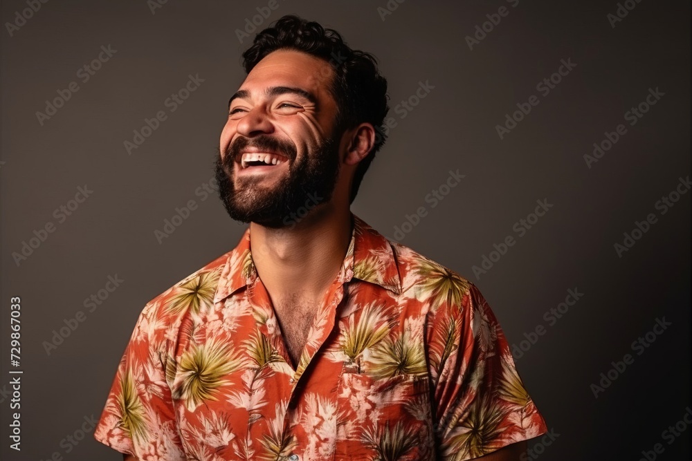 Handsome young man with a beard laughing against a dark background Handsome young man with a beard laughing against a dark background