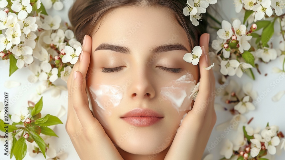Gorgeous young lady stroking her face with flowers and having clean, fresh skin. face therapy for girls. spa, beauty, and cosmetology. Care idea, female model