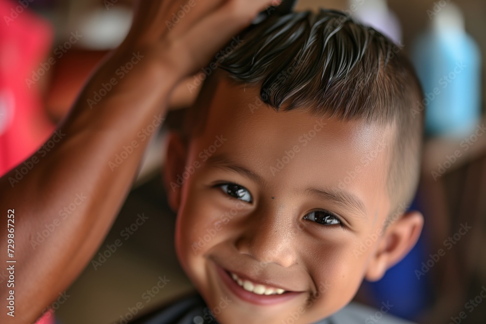 kid getting a simple haircut, smiling at the camera