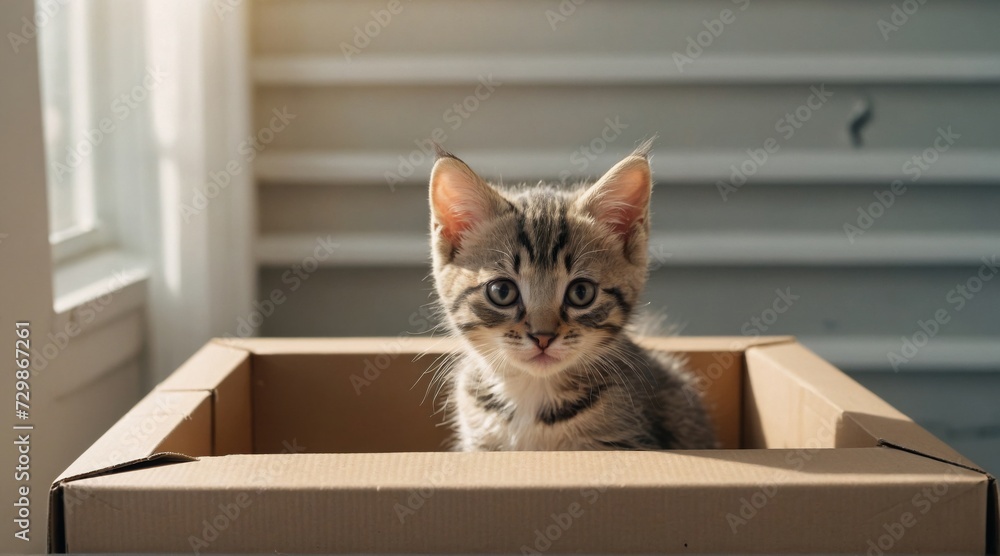Little kitten climb out of white cardboard box in white room. Curious playful funny striped kitten. Cat hiding in box..