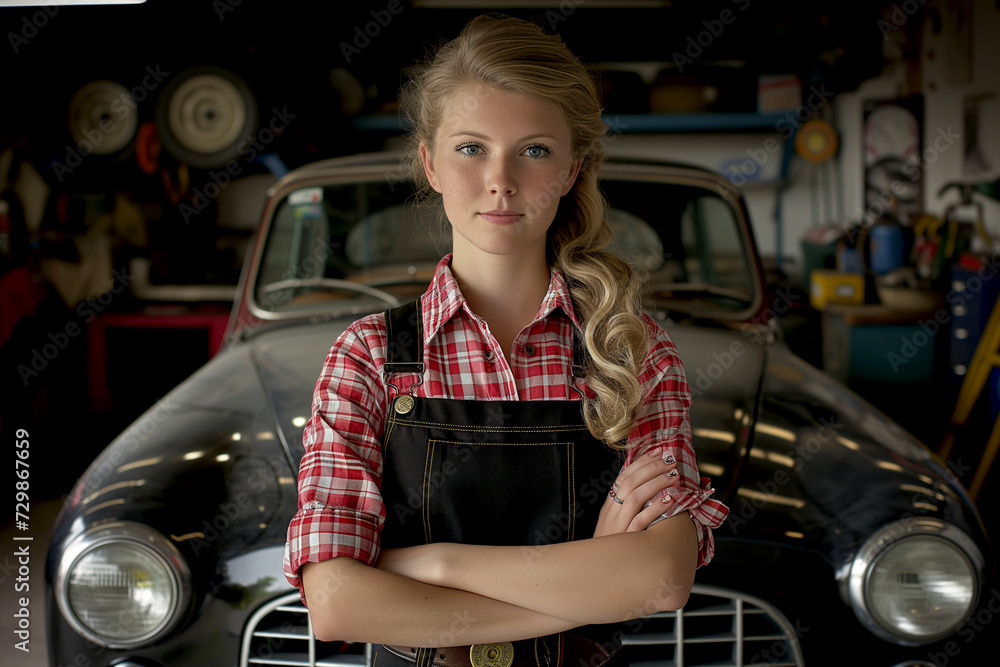 A cheerful and smiling female car mechanic with a workshop background A cheerful and smiling female car mechanic with a workshop background