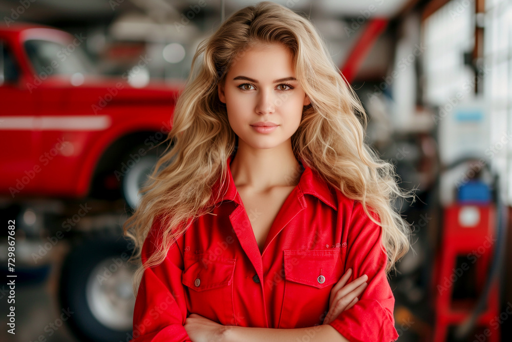 A cheerful and smiling female car mechanic with a workshop background
