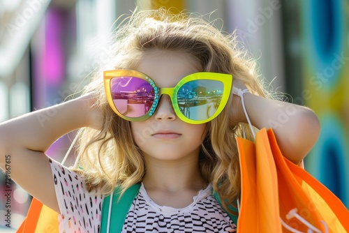 young girl with bags wearing fun, oversized glasses