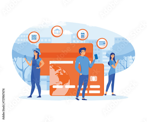 Mobile banking concept. People standing near credit cards and using mobile smart phone for online banking and accounting. flat vector modern illustration 