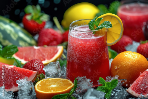 Refreshing Summer Delight. Vibrant Summer Fruits and Chilled Juice with Ice.