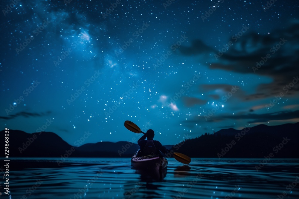 person kayaking under bright sky at midnight - obrazy, fototapety, plakaty 