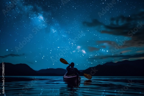 person kayaking under bright sky at midnight