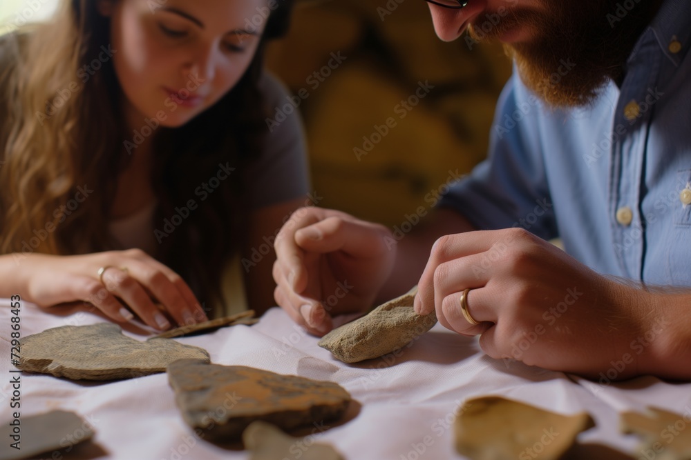 couple examining stone age pottery shards