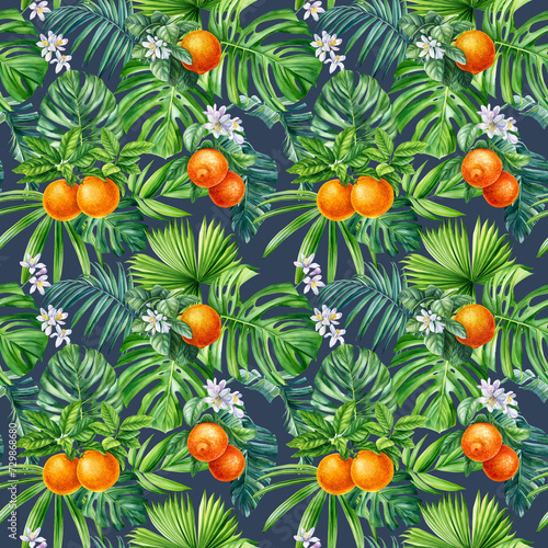 Tropical seamless pattern with orange fruit, flowers, exotic palm tree. Summer floral watercolor illustration tropic © Hanna