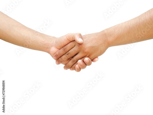 The hands of two men are shaking hands to agree on something. Or cooperation concept about cooperation in investment or work and business isolated on white background.