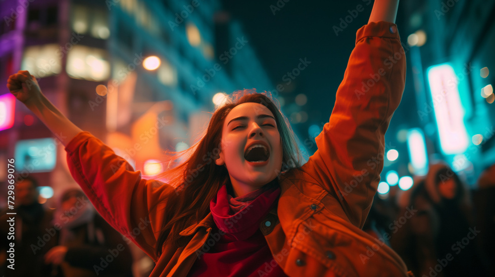 Obraz premium image of women in action in the middle of a big city, colorful shades and spotlights create a cheerful and strong atmosphere, AI generated images