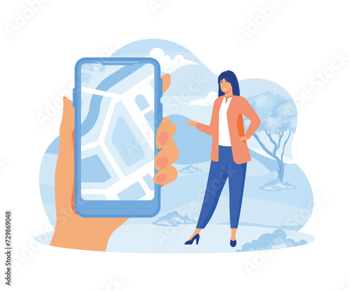 Geofencing as map area boundary for marketing action tiny person concept. GPS satellite navigation usage for smartphone ecommerce system with precise targeting. flat vector modern illustration