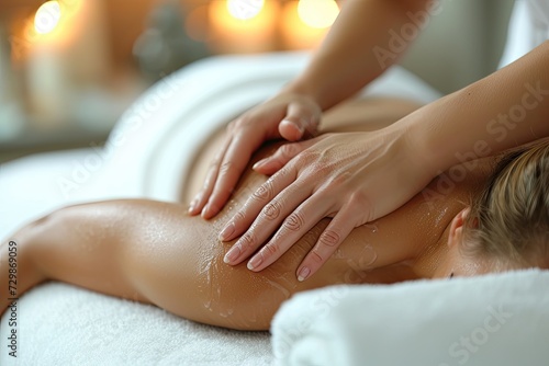 Wallpaper Mural Masseur hands doing back massage to client in spa center in white room. Young beautiful woman having massage in spa salon Torontodigital.ca