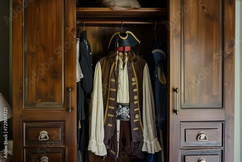 pirate costume hanging in open bedroom wardrobe