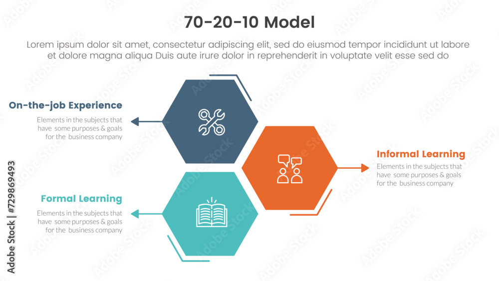 70 20 10 model for learning development infographic 3 point stage template with honeycomb hexagon shape vertical direction for slide presentation