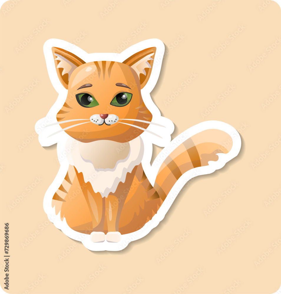 Obraz premium Cat sticker illustration. Animal, ears, tail, fluffy, moustache. Editable vector graphic design.